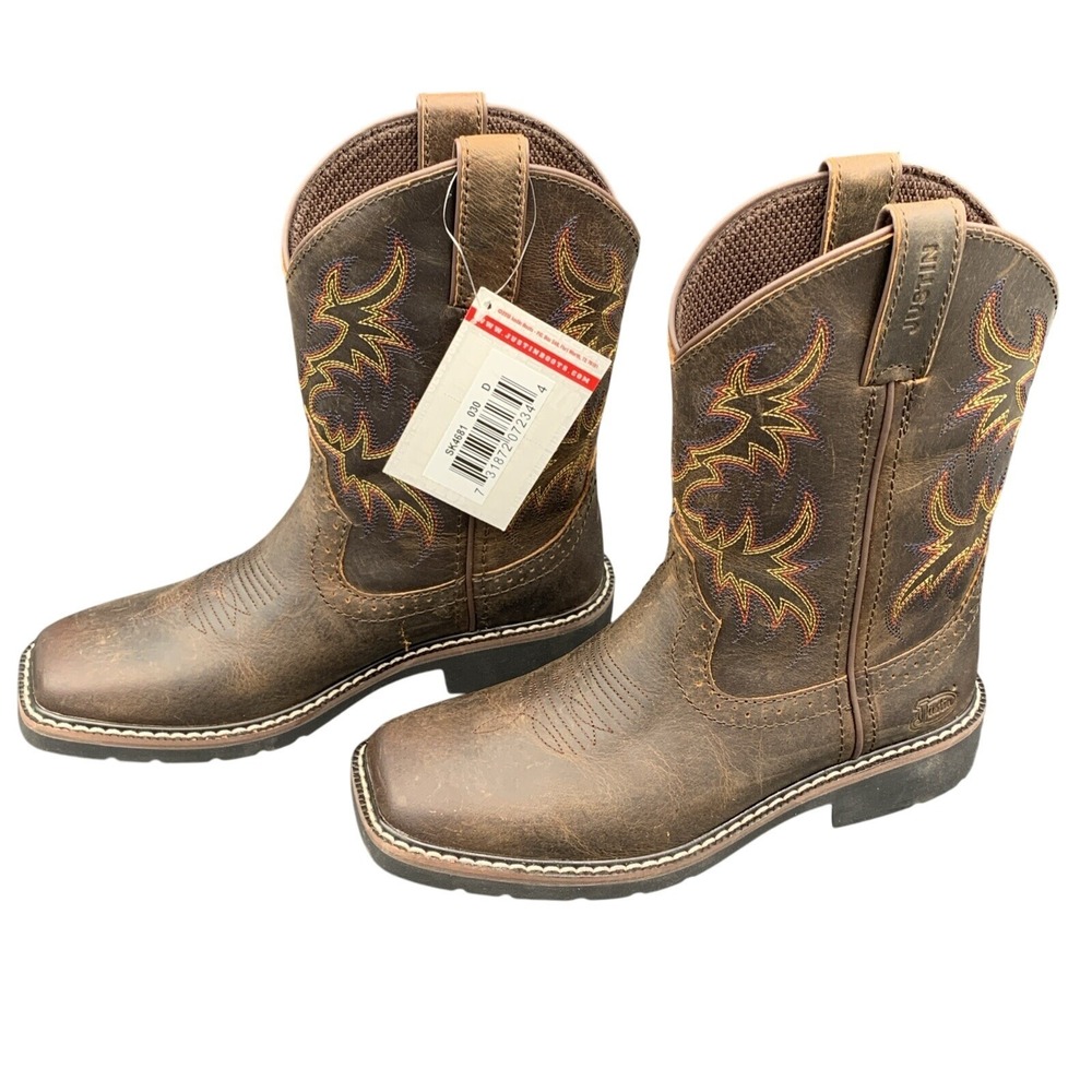 Justin Western Boots Kids Brown Leather‎ Size 3D Rugged Tan Buffalo SK4681